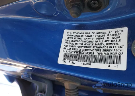 2016 Honda Civic Ex-T z USA, uszkodzony, nr VIN 19XFC1F35GE033019